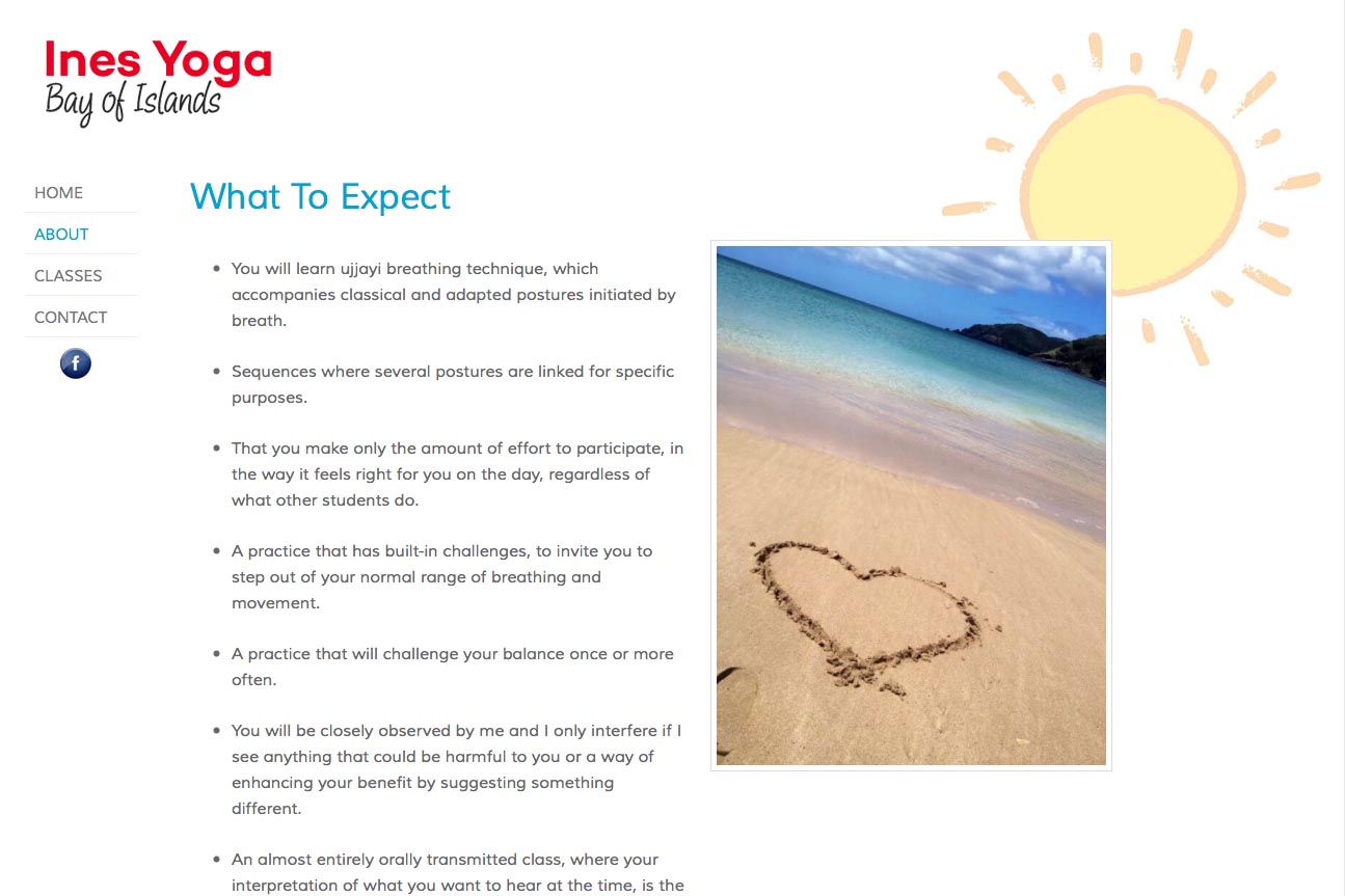 simple web design for a yoga teacher - page about what to expect