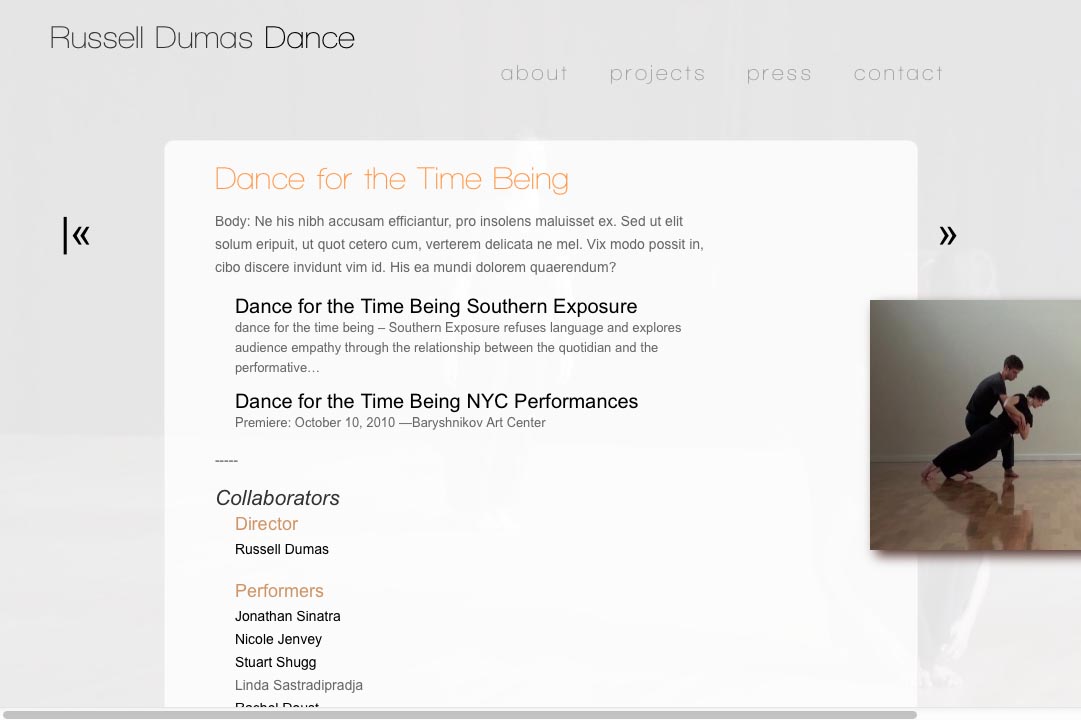 web design for a choreographer - single project page