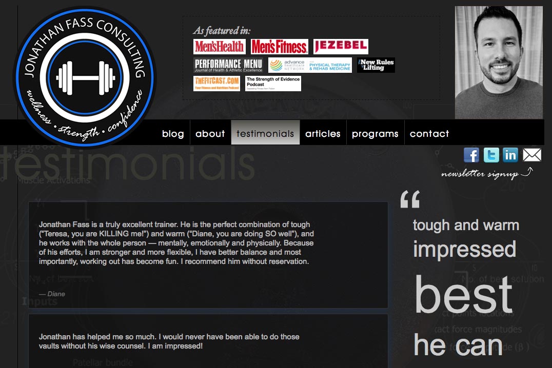 web design for a fitness trainer and consultant - testimonials page