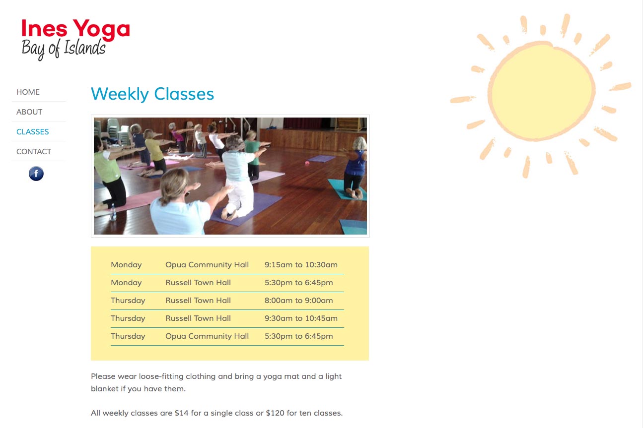 simple web design for a yoga teacher - class schedule page