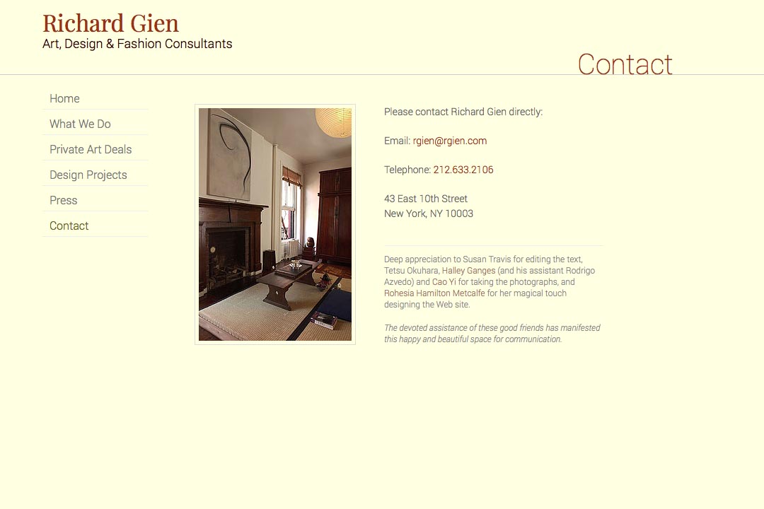 web design for a fashion designer, interior design consultant and art dealer - Richard Gien - contact page