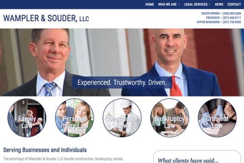 web design for a law firm in Maryland. The banner image shows the law firm's two partners, presented as professional and approachable. The hero text reads: Experienced, trustworthy, driven. Below the hero area, five round images provide visual links to the law form's five main areas of expertise: family law, personal injury law, construction law, bankruptcy law and criminal law.