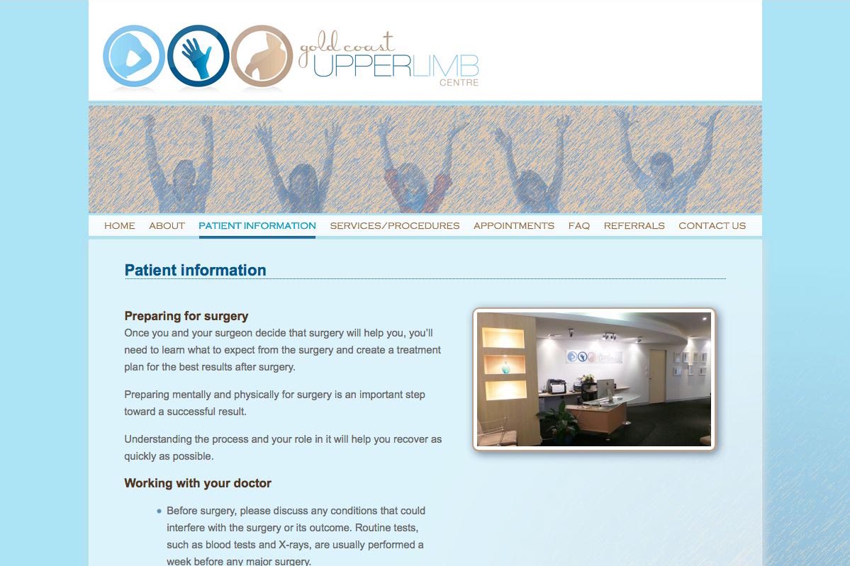 web design for orthopaedic surgeon for shoulders, elbows and wrists - patient information page