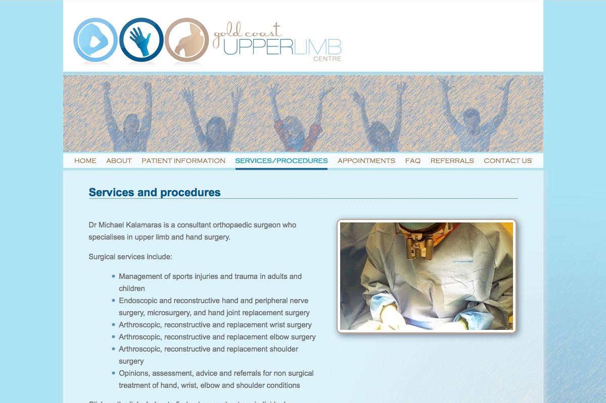 web design for orthopaedic surgeon for shoulders, elbows and wrists - procedures page