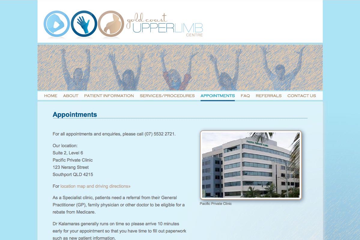 web design for orthopaedic surgeon for shoulders, elbows and wrists - appointments page