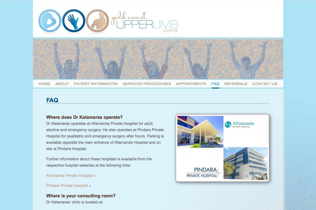 web design for orthopaedic surgeon for shoulders, elbows and wrists - faq page