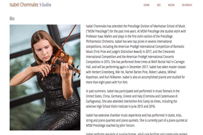 web design for a young violinist - biography page