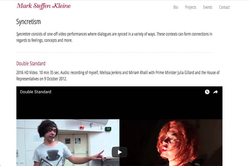 web design for an Australian performance artist - video projects page