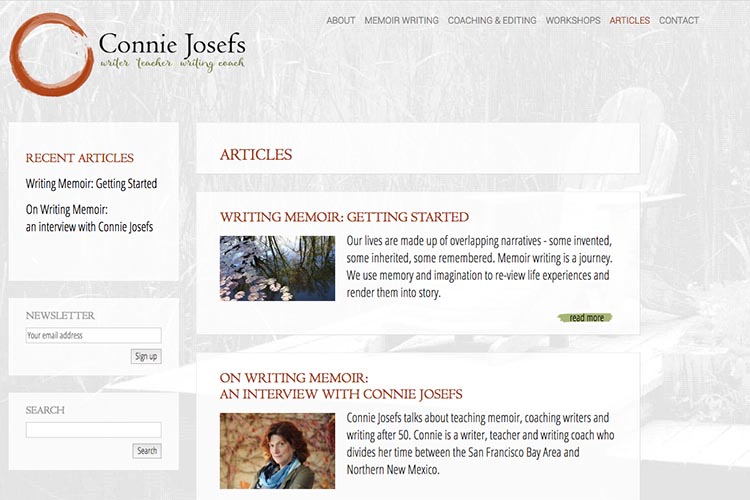 web design for a memoir-writing coach - articles page