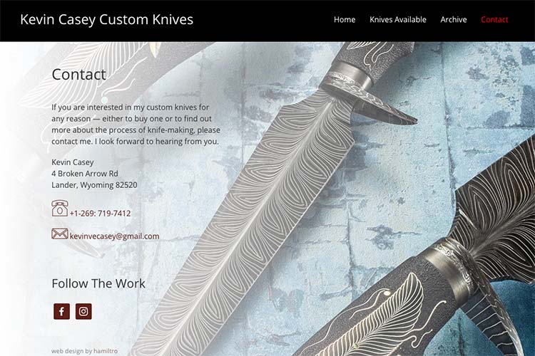 web design for a custom knife-maker - contact page