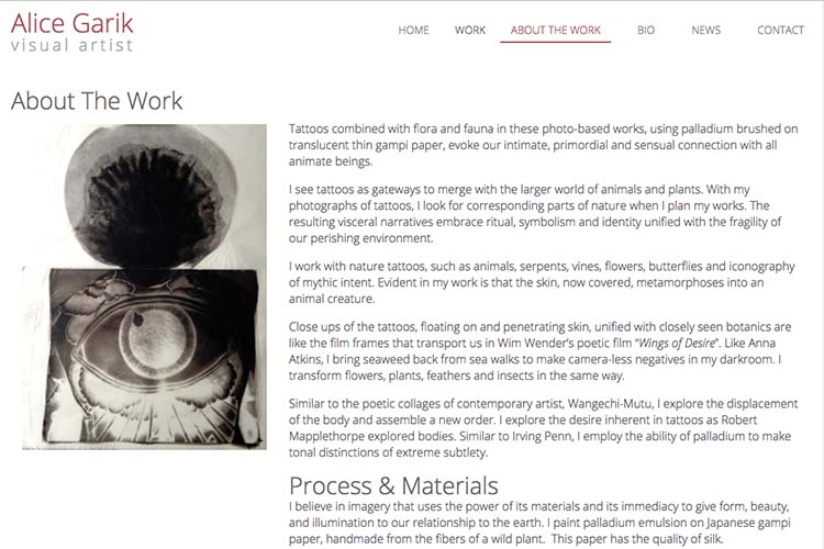 web design for a visual artist working with tattoo imagery - page about the work