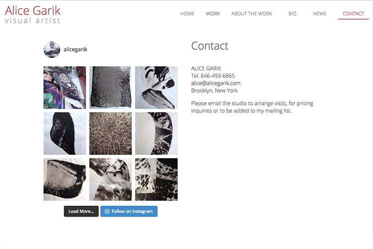 web design for a visual artist working with tattoo imagery contact and instagram page