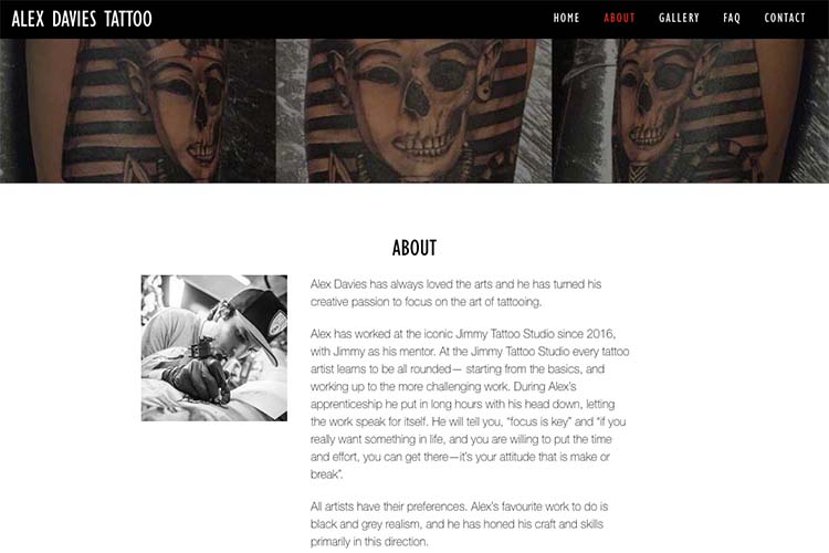 web design for a black and grey realism tattoo artist - about page