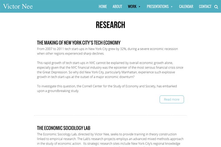 web design for an author, professor and speaker - research page