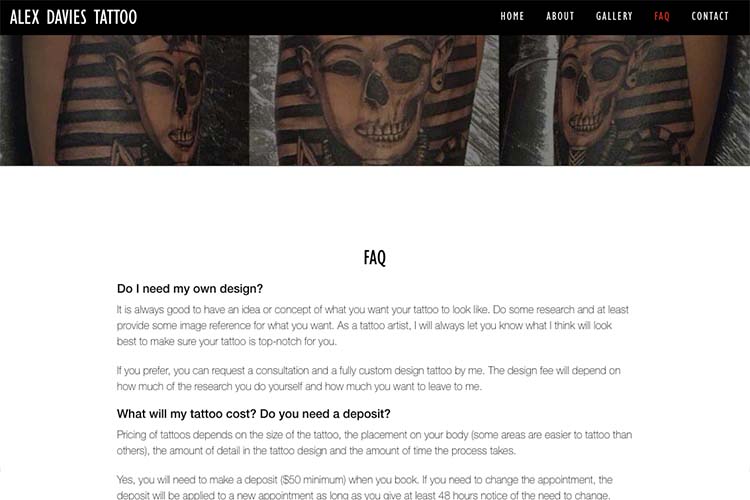 web design for a black and grey realism tattoo artist - faq page