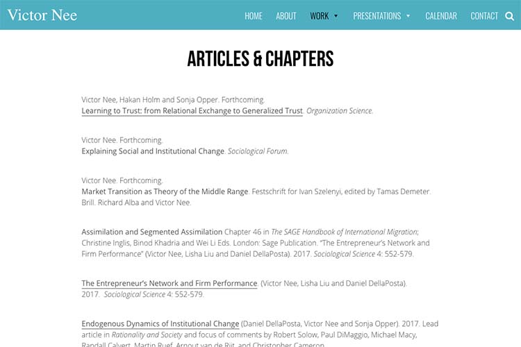 web design for an author, professor and speaker - articles page