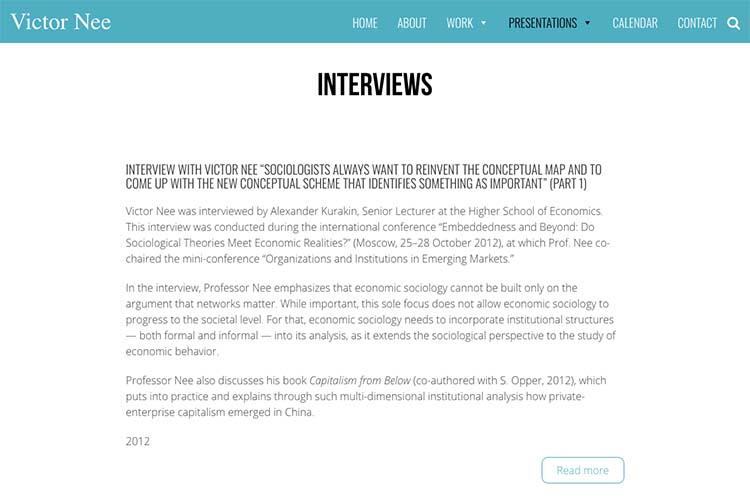 web design for an author, professor and speaker - interviews page