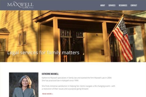 Web design for a woman-owned family law firm in Montana. The homepage features a banner image of the outside of the small-town office and below that there is an introduction to the lawyer, with an image that presents her as a warm professional person.