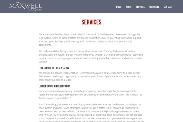 web design for a family law firm in Montana - services page