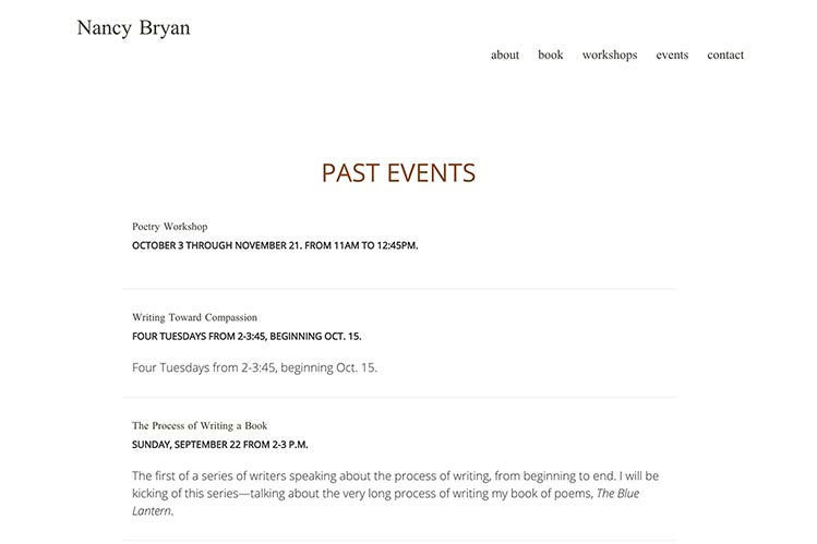 web design for a writer and teacher - events page