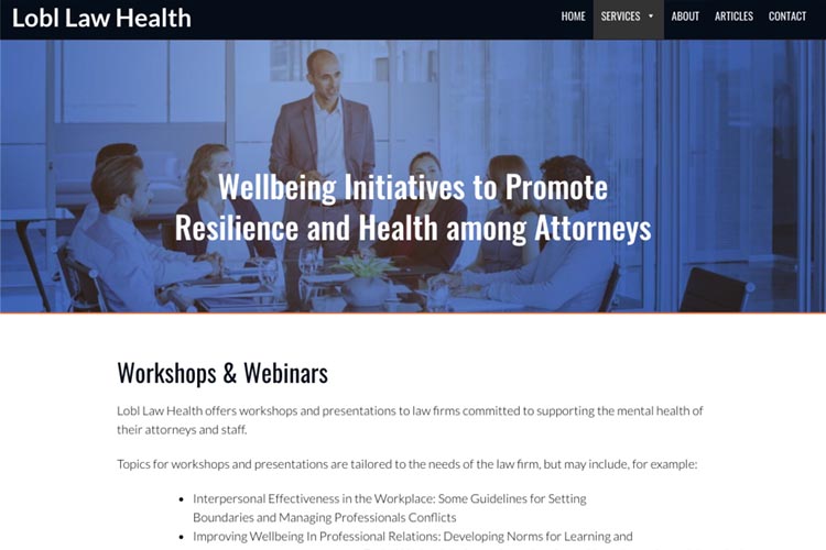 web design for a law firm health consultant - workshops and webinars page