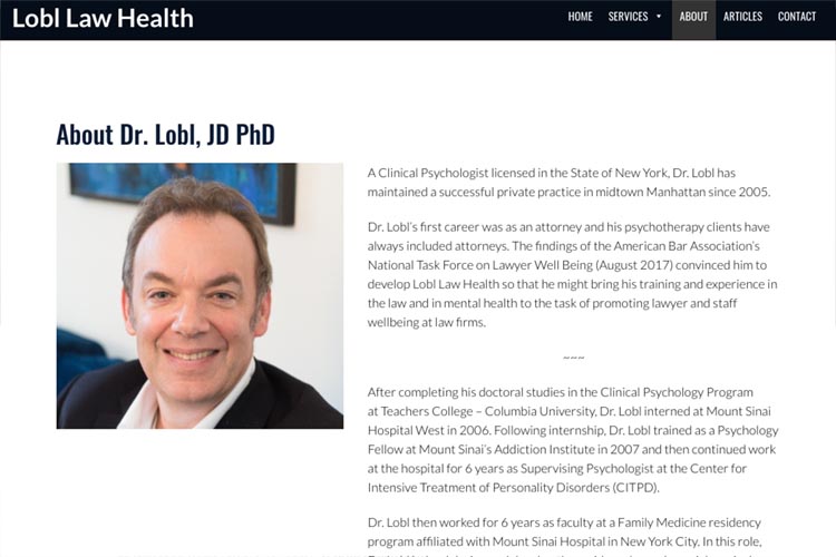 web design for a law firm health consultant - about page