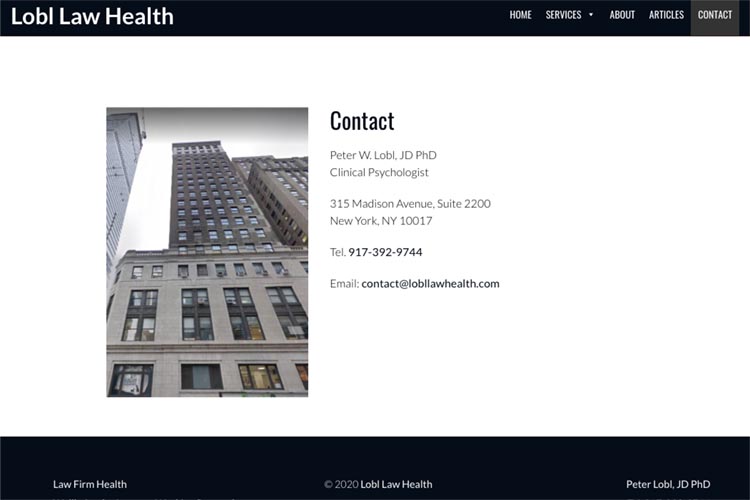 web design for a law firm health consultant - contact page