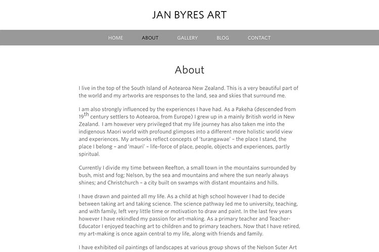 web design for an artist - about page