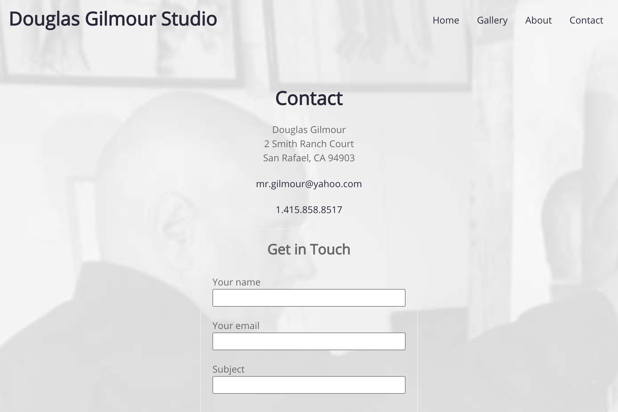 website design for an artist - contact page with cover background image