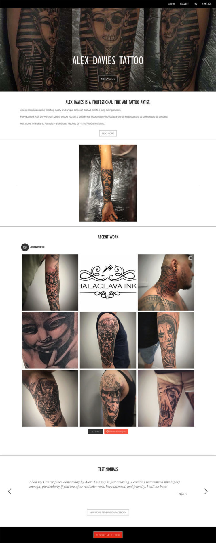 web design for a black and grey realism tattoo artist