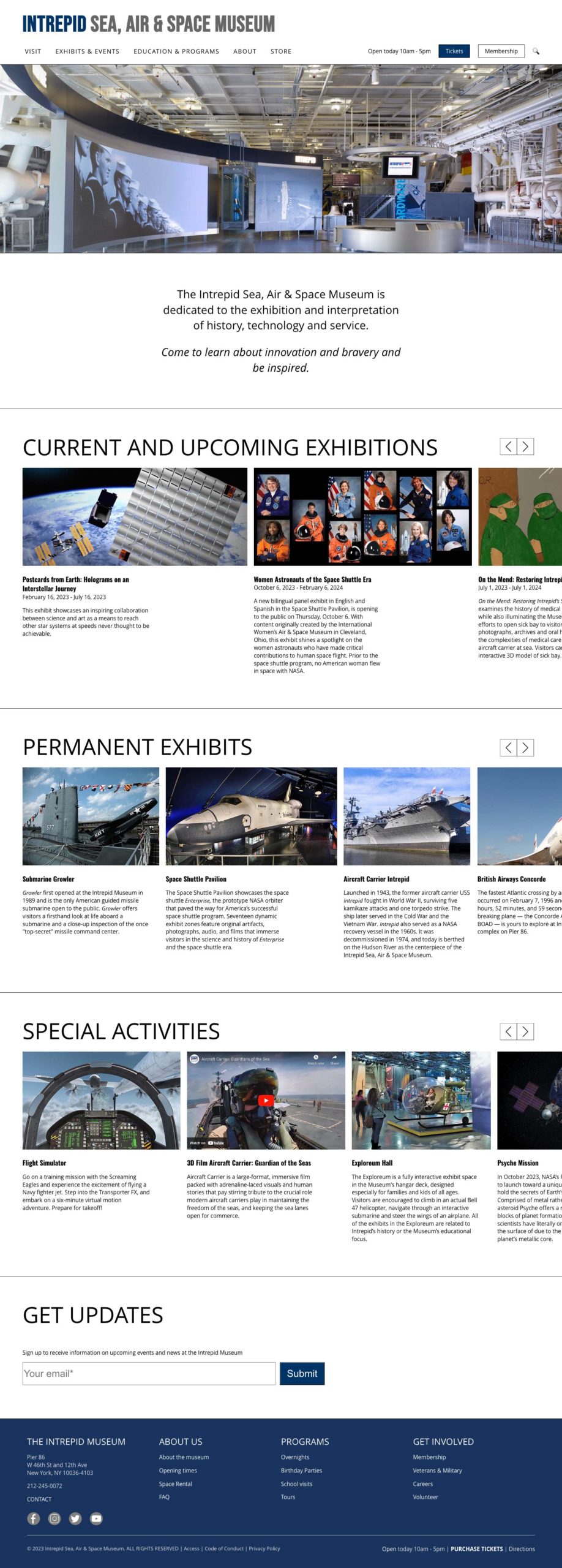 Custom website design for the intrepid museum. The long-scrolling page has clear sections for current, upcoming and permanent exhibits as well as special activities.