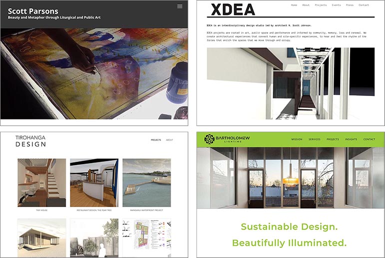 examples of website designs for architects and designers: website design for a stained glass and mosaic artist, website design for an architect, website design for an architectural designer, and website design for a lighting designer. All the websites are custom-designed.