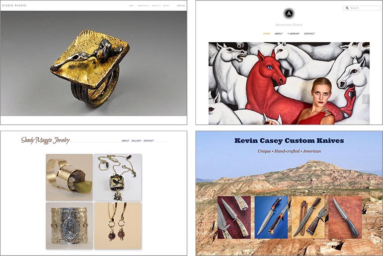 examples of website designs for artisans: website design for a jeweler with ecommerce, website design for a jeweler with ecommerce, website design for an artisanal jeweler, and website design for a custom knife-maker. All the websites are artistically-designed.