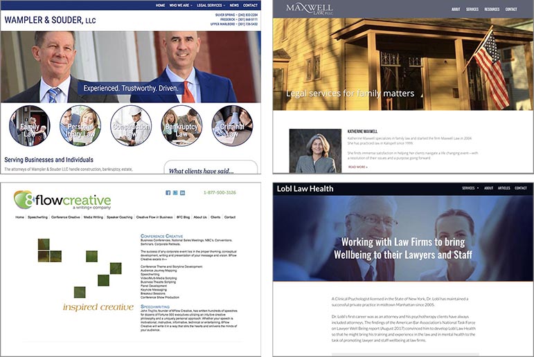 examples of website designs for lawyers and consultants: website design for a small law firm, website design for a family law firm, website design for a writing coach and consultant, website design for a therapist for lawyers. All the websites are custom-designed.