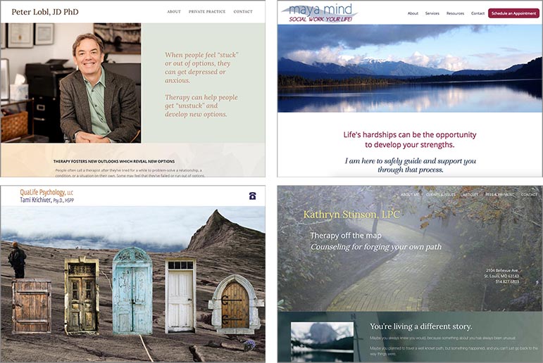 examples of website designs for therapists and psychologists: website design for a therapist, website design for a social worker, website design for a psychologist, and website design for a counselor. All the websites are custom-designed.