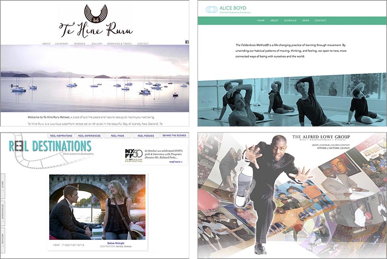 examples of website designs for travel, food and health industries: website design for a yoga retreat, website design for a Feldenkreis teacher, website design for a travel company, and website design for a dance and fitness teacher. All the websites are custom-designed.